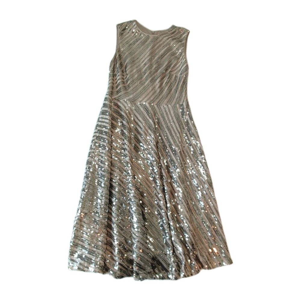 Calvin Klein Sequin Striped Fit & Flare Dress 4 Silver Champagne Sleeveless